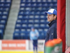 Sudbury Wolves interim head coach Dave Matsos keeps an eye on his team during practice. Gino Donato/Sudbury Star/QMI Agency