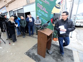 Winnipeg businessman Sal Infantino believes the city is at least partially responsible for damage to one of the buildings he owns.  The building at 543 Sargent Ave has been declared unsafe, and is slated for demolition.  Infantino held a media conference Tuesday to voice his concern over how the city has handled the affair.  (Chris Procaylo/Winnipeg Sun)