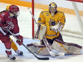 Kingston’s Amanda Leveille makes a save during the Minnesota Gophers’ 4-1 win over the Harvard Crimson in the NCAA women’s hockey final on Sunday. (Eric Miller/Gopher Athletics)