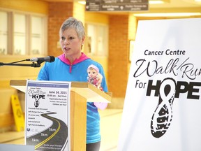 Gino Donato/The Sudbury Star                                  
Breast cancer survivor Kimberley Wahamaa speaks at the Cancer Centre Walk/Run for Hope launch on March 24.