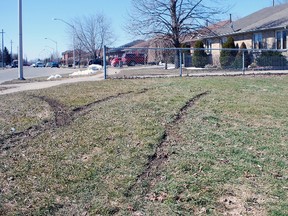 A set of tire tracks marked a stretch of grass adjacent to Rosethorn Park in St. Thomas where a female motorist drove off the roadway Monday afternoon. (Ben Forrest, Times-Journal)