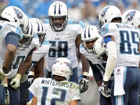 The Tennessee Titans offensive squad huddles in a game against the Indianapolis Colts during the second half at LP Field. (Don McPeak-USA TODAY Sports)
