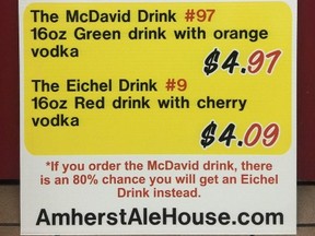 Signage at Amherst Pizza & Ale House promotes Connor McDavid and Jack Eichel drink specials. (Reddit)