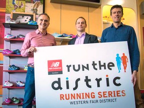 From left to right: Rob McNair (New Balance London), Steve Ryall (WFD Race Manager), Paul Roberts (New Balance London).  Presenting Sponsor New Balance London and their representatives joined Western Fair District employees at the New Balance store in northwest London for the Run the District Launch, a new running series that includes 5 races, taking place in London, Ontario at the Western Fair District, beginning May 31, 2015.