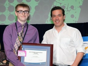 GDCI student Curtis Jeffrey was the recipient of a Student Achievement Award from the Ontario Secondary School Teachers’ Federation earlier this month. Jeffrey was recognized in the Grade 9 and 10 academic category in the prose or poem division for his entry entitled Reset. Presenting the award to him was Canadian novelist Joseph Boyden. (Contributed photo)