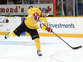 Ottawa 67's forward Jeremiah Addison takes a shot during practice at TD Place on Wednesday. (Chris Hofley/Ottawa Sun)