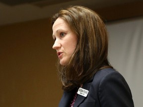 Senior communications director Susan Rowe speaks to Quinte Health Care's board during a meeting at Belleville General Hospital earlier this year.