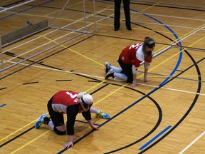 St. Thomas native Emma Reinke, right, plays in a tryout with Canada's senior national women's goalball last weekend in Montreal. (Contributed photo)