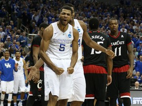 Kentucky Wildcats guard Andrew Harrison (5) reacts during the second half against the Cincinnati Bearcats in the third round of the 2015 NCAA Tournament. (USA TODAY Sports)