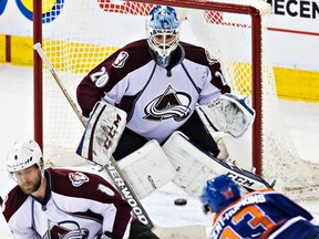 Ryan Nugent-0Hopkins shoots on Avalanche goalie Reto Berra during the third period of Wednesday's game at Rexall Place. (Codie McLachlan, Edmonton Sun)