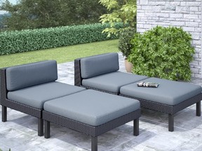 A chaise lounge or something multi-functional like Home Depot?s four-piece Corliving lounge set is ideal for a smaller space.