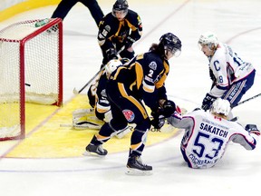 Jason Bérubé, of the Cochrane Crunch, fires a rebound of a Dylan Sakatch shot past Abitibi Eskimos goalie Logan Ferrington and into the net for Cochrane’s first goal during Game 6 of their NOJHL East Division best-of-seven semifinal series. The Crunch posted a 5-3 win to capture the series 4-2. They will now play the winner of the other East Division semifinal series between the Kirkland Lake Gold Miners and the Powassan Voodoos.