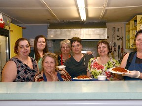 Tina Antila, Aline Beauchamp, Cherie Toal, Autumn Nadeau, Suzanne Ouellette, Leona Dumoulin, and Joy Searles pose while volunteering during the spagehetti supper being held for Randy Jansen at the Royal Canadian Legion on Saturday. Missing from the picture is Thelma Searles.