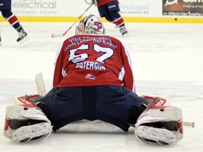 Jake Paterson, now with the Kitchener Rangers, warms up during first-period Ontario Hockey League action between the Soo Greyhounds and Saginaw Spirit Tuesday, Dec. 30, 2014 at Essar Centre in Sault Ste. Marie, Ont. (JEFFREY OUGLER/SAULT STAR/QMI AGENCY)