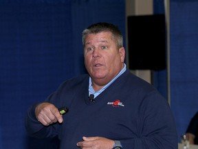 Dale Lesinski, of DiVal Safety of Buffalo, New York, spoke at the City of Kingston and Utilities Kingston Safety Days at the Portsmouth Olympic Harbour in Kingston on Wednesday March 25 2015. (IAN MACALPINE)-KINGSTON WHIG-STANDARD/QMI AGENCY