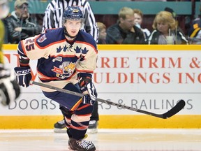 Barrie Colts forward Garrett Hooey keeps his eye on the play during an OHL game this season. (Terry Wilson/OHL Images)