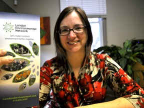 Marna Fujimoto-Pihl, London Environmental Network co-ordinator, at her new office in London Ont. March 26, 2015. A three-year Ontario Trillium Fund grant is helping establish the network, a collection of non-profit and grassroots environmental organizations in London. CHRIS MONTANINI\LONDONER\QMI AGENCY