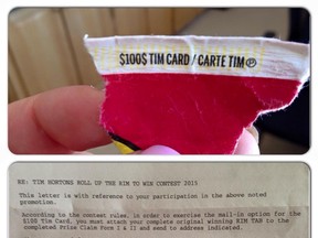 A Newfoundland woman says she was disqualified from claiming a $100 Tim Hortons’ gift card she had won on her Roll-Up-the-Rim-to-Win tab because of a little-known rule that winners are required to provide the whole upper edge of the cup. (QMI Agency/Samantha Burke)