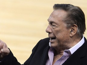This April 21, 2014 file photo shows former Los Angeles Clippers owner Donald Sterling attending the NBA playoff game between the Clippers and the Golden State Warriors at Staples Center in Los Angeles, California.   AFP PHOTO / ROBYN BECK / Files