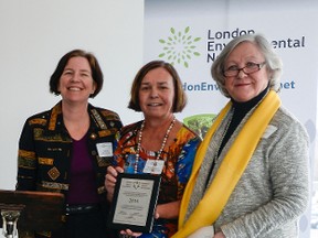 ReForest London?s Julie Ryan, left, the Ontario Trillium Foundation?s Sheila Simpson and Thames Talbot Land Trust?s Suzanne McDonald Aziz celebrate London Environmental Network?s launch at Goodwill Industries in London on Friday. (ANDREW LAHODYNSKYJ, The London Free Press)