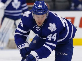 Maple Leafs defenceman Morgan Rielly turned heads with his play against the Panthers on Thursday, which led to Sam Carrick scoring his first NHL goal. (JACK BOLAND/TORONTO SUN)