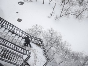 A man climbs a staircase during a spring snow storm in Chicago, March 23, 2015. (JIM YOUNG/Reuters)
