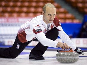 Canada skip Pat Simmons throws a rock during practice ahead of the the Ford World Men’s Curling Championship in Halifax. (REUTERS/Mark Blinch)