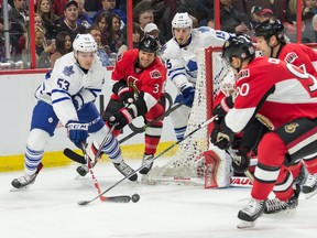 Leafs center Sam Carrick (53) skates with the puck in  the first period against the Ottawa Senators  at the Canadian Tire Centre. (Marc DesRosiers-USA TODAY Sports)