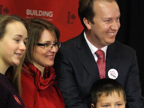 Paul Lefebvre poses for a photo with his daughter, Mylene, wife, Lyne, and son, Theo, after winning the Liberal nomination for Sudbury for the 2015 federal election at the Radisson Hotel in Sudbury on Saturday. Lefebvre defeated former Greater Sudbury mayor Marianne Matichuk for the nomination. Ben Leeson/The Sudbury Star
