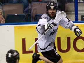 The Edmonton Rush's Cory Conway celebrates his first half goal against the Rochester Knighthawks in NLL action at Rexall Place, in Edmonton, Alta., on Saturday Feb. 1, 2014. David Bloom/Edmonton Sun/QMI Agency