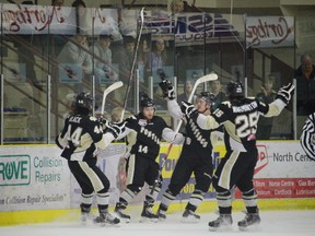 The Bonnyville Pontiacs celebrate a 4-2 win over the Spruce Grove Saints at Grant Fuhr Arena on Saturday to draw to an even 1-1 in the AJHL North Division final series. MITCH GOLDENBERG. Sun Media
