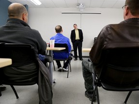 Belleville resident Jason Easton addresses those at a public meeting at the Quinte Sports and Wellness Centre Saturday, March 28, 2015. Easton is a member of a group working to gain support in order to bring an OHL team back to the city. 
Emily Mountney-Lessard/Belleville Intelligencer/QMI Agency