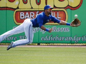 Dalton Pompey dives in the outfield as the Toronto Blue Jays played the New York Yankees in Dunedin, Florida on Saturday March 14, 2015. (Stan Behal/Toronto Sun)