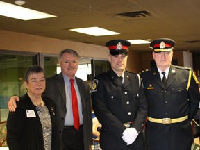 Sarnia Police Const. Gavin Armstrong receives IODE Community Relations award. On hand for the presentation are from left  Sarnia-Lambton IODE president Helen Danby, Mayor Mike Bradley, Const. Armstrong, Sarnia Police Chief Phil Nelson and Sarnia-Lambton IODE executive member Leila Boushy  on Saturday March 28, 2015 in Sarnia, Ont. Neil Bowen/Sarnia Observer/QMI Agency