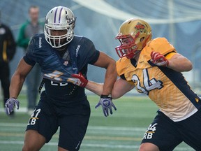 Chris Normand (R) #34 during the CFL combine in Toronto, Ont. on Sunday March 29, 2015. (Craig Robertson/Toronto Sun/QMI Agency)