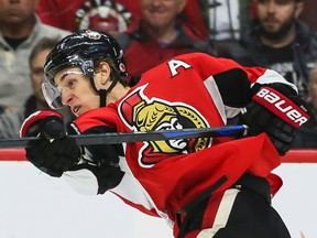 Ottawa Senators Kyle Turris unleashes a shot against the  Florida Panthers during NHL hockey action at the Canadian Tire Centre in Ottawa, Ontario on March 29, 2015. Errol McGihon/Ottawa Sun/QMI Agency