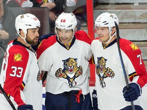 Mar 29, 2015; Ottawa, Ontario, CAN; The Florida Panthers celebrate a second goal scored by right wing Jaromir Jagr (middle) in the third period against the Ottawa Senators at the Canadian Tire Centre. The Panthers defeated the Senators 4-2. Mandatory Credit: Marc DesRosiers-USA TODAY Sports