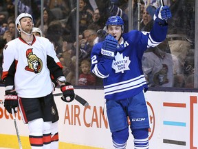 Leafs centre Tyler Bozak celebrates his third goal against the Senators on Saturday. (USA Today Sports)