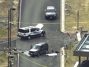 An aerial view of a shooting scene at the National Security Agency at Fort Meade in Maryland is pictured in this still image take from video, March 30, 2015.  REUTERS/Courtesy of NBC4Washington/Handout