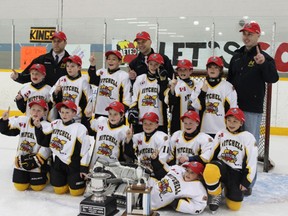 Winning their WOAA Jacobi Division championship were the Mitchell Novice AE’s, and included (back row, left to right): Kyle Marshall (coach), Steve Geiger (head coach), Jamie Visneskie (coach). Third row (left): Dominic Marshall, Jordan Visneskie, Jake Crowley, Blake Redfern, Jack Small, Brayden Glauser. Second row (left): Kellen Russwurm, James McCarthy, Jack Miller, Charlie Geiger, Lucas Roobroeck, Jaxen Hartwig. In front is goalie Jack Bree. SUBMITTED