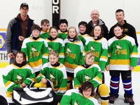 Back row (left): Scott Vosper (coach), Joey Adam, Drew Scherbarth, Dayten Porter, Warren Scherbarth (coach), Mike Rolph (coach). Second row (left): Preston Porter, Meg Schoonderwoerd, Dayna Vosper, Kyle Mills, Jill Gaffney. Front row (left): Coulter Rolph, Talbot Geiger, Xavier Lorentz. Lying in front is Jason Mills. Absent were Cain Templeman (coach) and Caleb Templeman. SUBMITTED