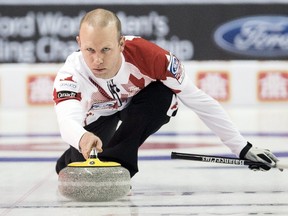 Canada skip Pat Simmons delivers a rock against the Czech Republic during the sixth draw of the World Men's Curling Championship in Halifax March 30, 2015. (REUTERS/Mark Blinch)