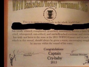 The Winnipeg-based West Broadway Youth Outreach gave this certificate, along with diapers and a soother, to a young boy who participated in its hockey and basketball tournament in late March 2015. WBYO director Ken Opaleke has since apologized, saying the award was meant as a joke. (FACEBOOK)