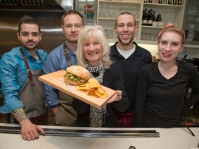 Showing off some of the makings at the new Wich is Wich sandwich specialty restaurant at 125 King St. are Thomas Waite, left, Josh Sawyer, Elaine Sawyer, Andrew West and Molly Viau. (DEREK RUTTAN, The London Free Press)