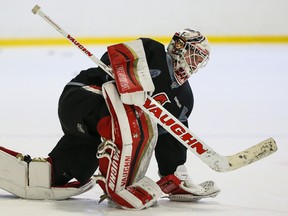 Ottawa Senators goaltender Andrew Hammond stretches during practice at the Bell Sensplex on Monday, March 30, 2015. (Errol McGihon/Ottawa Sun/QMI Agency)