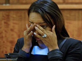 Shayanna Jenkins, fiancee of former NFL player Aaron Hernandez, reacts during testimony in his murder trial yesterday in Fall River Mass. (REUTERS/PHOTO)