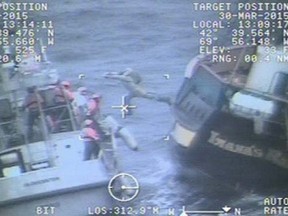Coast Guard search and rescue crews from Station Gloucester, Air Station Cape Cod and the Coast Guard Cutter Ocracoke rescued nine crewmembers from the Canadian Tall Ship Liana's Ransom 58 miles east of Gloucester, Monday. Watchstanders at the Sector Boston Command Center received notification at 12:35 a.m. of the vessel being disabled and only had sporadic use of the starboard engine and generator with the vessel's sails wrapped around the mast and was requesting Coast Guard assistance. (U.S. Coast Guard photo)