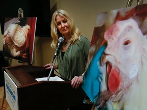 Krista Osborne, of Mercy for Animals Canada, describes the hidden-camera video allegedly exposing animal abuse at a Maple Lodge Farms facility in Brampton on Monday, March 30, 2015. (Stan Behal/Toronto Sun)