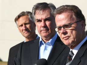 (L-R) Dave Rodney, MLA for Calgary-Lougheed, Alberta Premier Jim Prentice and Gordon Dirks, Minister of Education at the Genesis Centre in northeast Calgary, Alta on Tuesday March 31, 2015. The Alberta government committed to build new school projects worth $ 2 billion by 2018-19. Jim Wells/Calgary Sun/QMI Agency