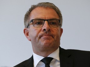 Lufthansa Chief Executive Carsten Spohr reacts during a news conference in Cologne-Bonn airport March 26, 2015. The co-pilot suspected of deliberately crashing a Germanwings jet into the French Alps last week told the Lufthansa flight training school about a previous period of depression, Lufthansa said on March 31, 2015.    REUTERS/Wolfgang Rattay